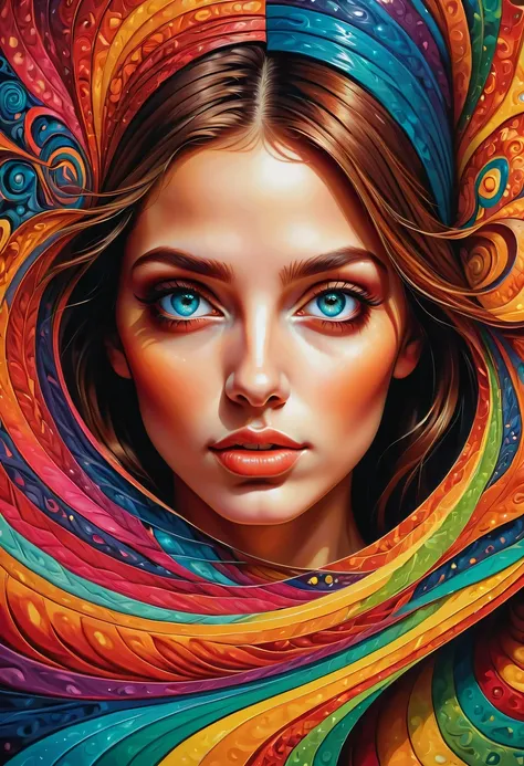 a girl, Eye-catching optical illusion art, bright colors, Realistic painting style, Detailed eyes and face, charming pattern, puzzling shapes and lines, High resolution masterpiece:1.2, dynamic lighting, surreal atmosphere