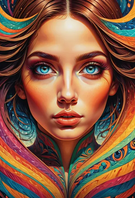 a girl, Eye-catching optical illusion art, bright colors, Realistic painting style, Detailed eyes and face, charming pattern, puzzling shapes and lines, High resolution masterpiece:1.2, dynamic lighting, surreal atmosphere