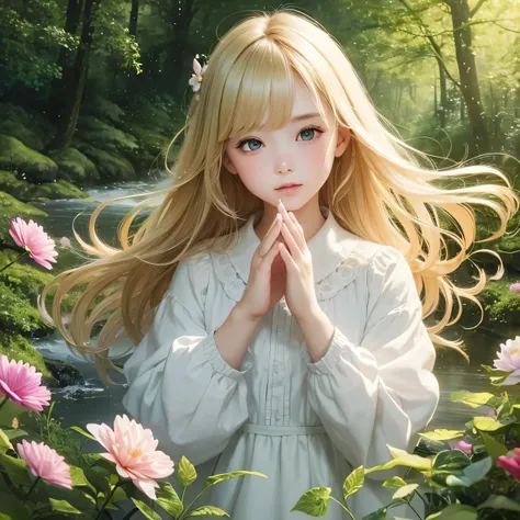 Girl in the forest with floating flowers, river, fluffy, fluffy cheeks, cute, blonde、bright colors, Colorful art style, soft lighting, soft shadow, fine texture, dynamic lighting, nice hands, perfect hands,