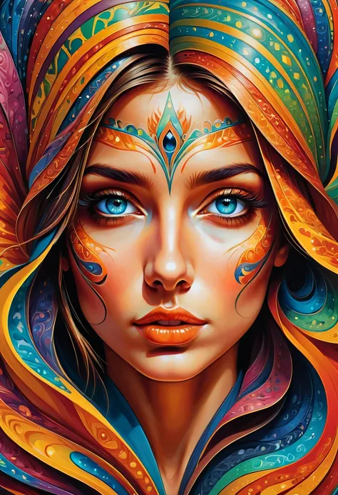 a girl, Eye-catching optical illusion art, bright colors, Realistic painting style, Detailed eyes and face, charming pattern, puzzling shapes and lines, High resolution masterpiece:1.2, dynamic lighting, surreal atmosphere