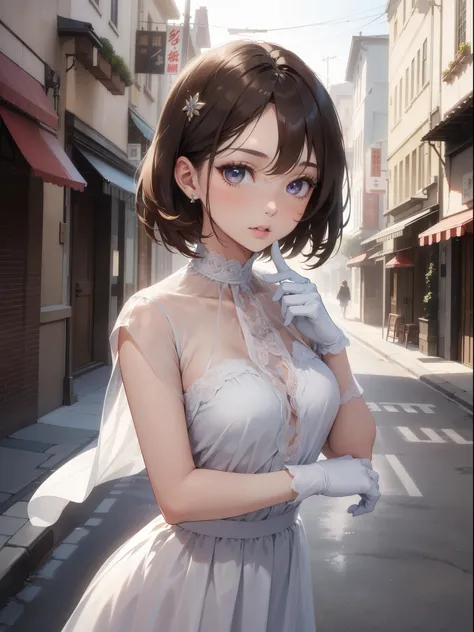 (masterpiece, best quality, ultra high resolution),1 girl,short hair, brown hair, Beautiful and detailed face, delicate eyes,White gloves, 40s的正式女西装, on a street,(40s)