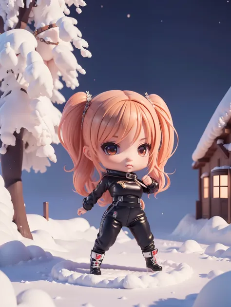 (((chibi 3d))) (Best Quality), (masterpiece) an ultra hot European gorgeous woman, Chibi Anime Deformed Style,Boxing alone🥊🥊, black leather tight jumpsuit. winter starry night, snowy village landscape, Big Red Full Moon