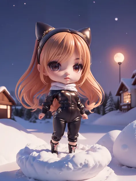 (((chibi 3d))) (Best Quality), (masterpiece) an ultra hot European gorgeous woman, Chibi Anime Deformed Style,Boxing alone🥊🥊, black leather tight jumpsuit. winter starry night, snowy village landscape, Big Red Full Moon