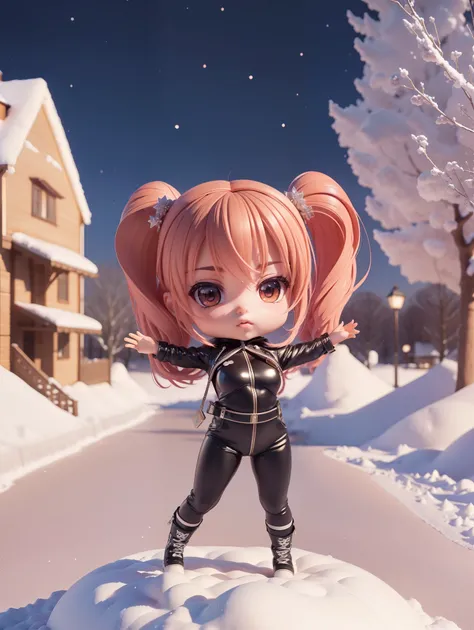 (((chibi 3d))) (Best Quality), (masterpiece) an ultra hot European gorgeous woman, Chibi Anime Deformed Style,Boxing alone🥊🥊, black leather tight jumpsuit. winter starry night, snowy village landscape, Big Red Full Moon