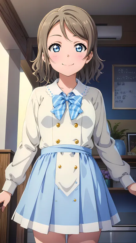 (((Perfect pixel, Perfect details))), bachelor, 1girl, You are Watanabe, Uranohoshi , neckline, Looking at the scenes, He smiles
