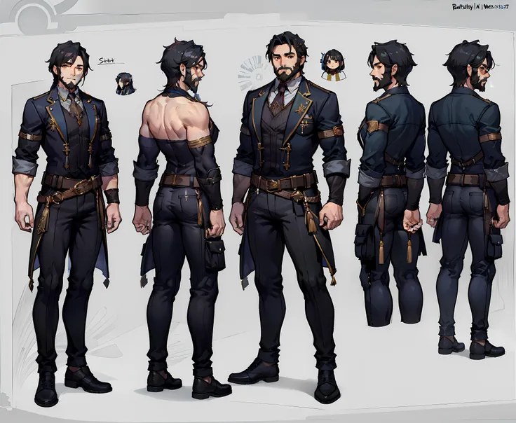 1man, matching outfits, (fantasy character sheet, front, back, side, rear), human, stout, weathered face, black hair, thick bear...