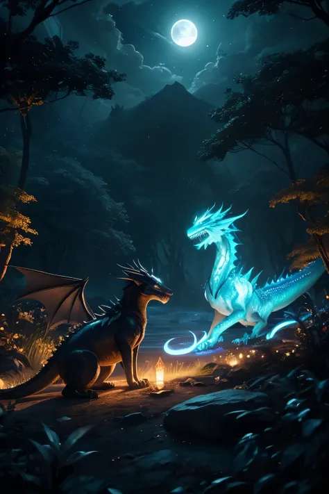 em um jardim iluminado pela lua, A mystical scene unfolds, capturing the essence of night and light. The focal point of the image is a breathtaking display of power and beauty – a majestic depiction of the dragon Fury of the night ((preto)) and the dragon ...