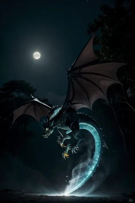 em um jardim iluminado pela lua, A mystical scene unfolds, capturing the essence of night and light. The focal point of the image is a breathtaking display of power and beauty – a majestic depiction of the dragon Fury of the night ((preto)) and the dragon ...