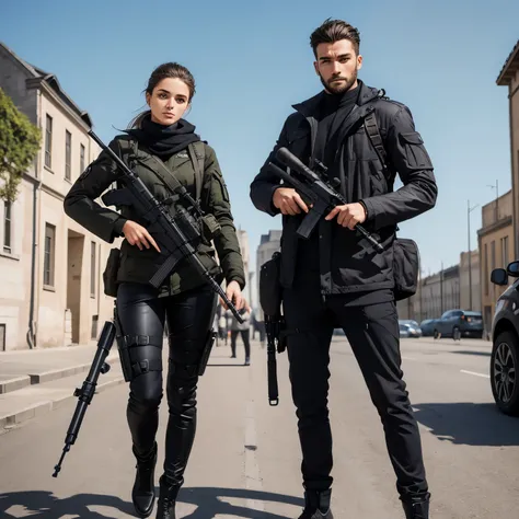 
Crée une image de deux personnes un masculin et l’autre féminin qui porte des vêtements futuristes. L’homme a un bazooka et la femme un sniper.