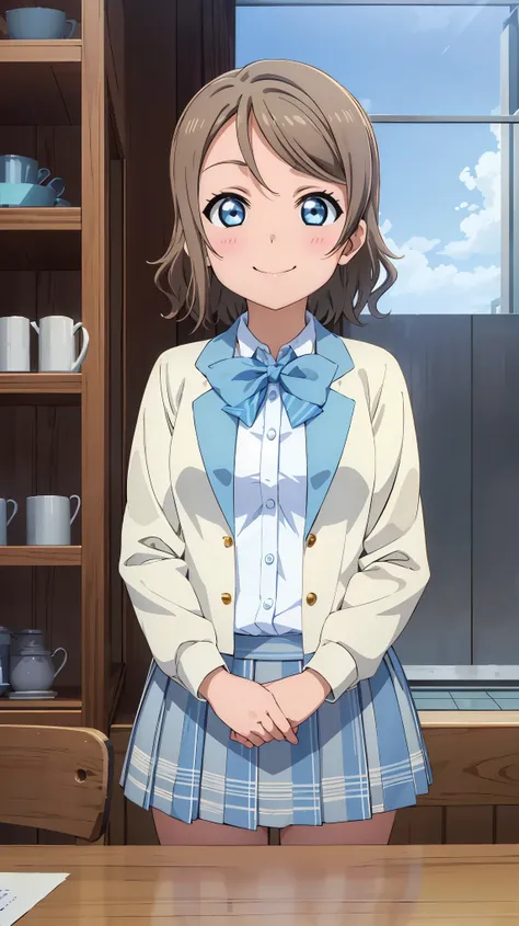 (((perfect pixel, perfect details))), single, 1girl, you are watanabe, uranohoshi , bow tie, looking at the scenes, he smiles