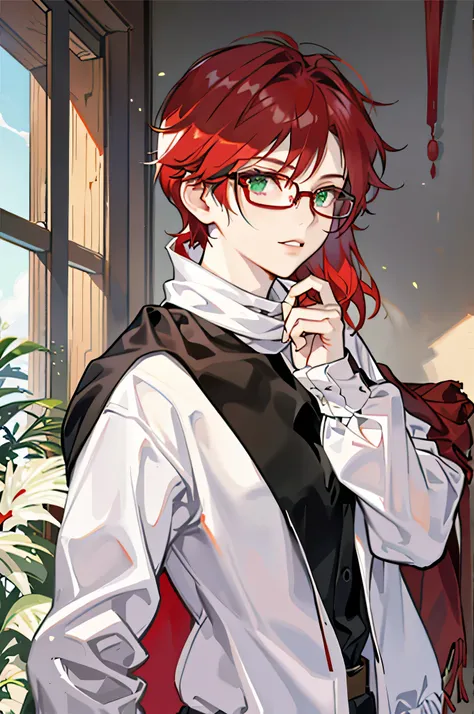 red-ish hair, medium hair, emerald eyes, glasses, cute, bandage, scarf