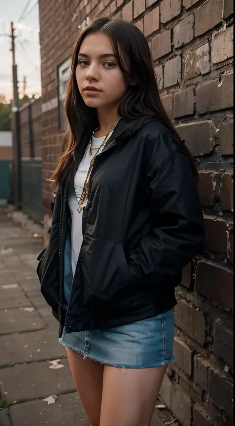 
Generate an image of a teenage girl dressed in American hip hop clothing, in the background of this image a brick wall and a chain-link fence edited in 8k