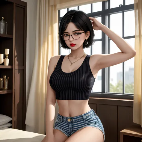 Masterpiece, absurdres,award winning photo, extremely detailed, 1girl, american, short hair, black hair, middle part, thick glasses, crop top, striped tank top, lipstick, earrings, hands on waist, skinny, serious, pout, medium breasts, indoors