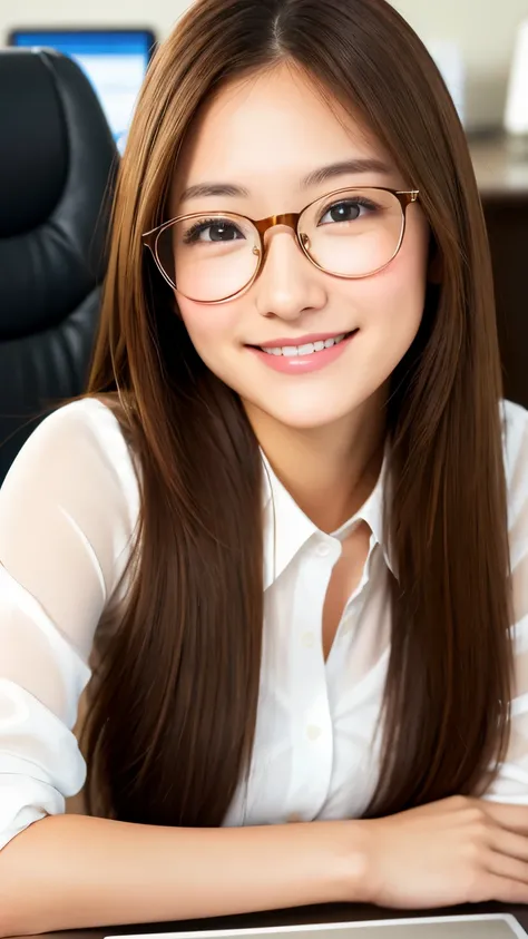 realistic, 1 girl, shining eyes, smile、brown hair、Ultra high definition、Round frame glasses、office、suit、officeチェア、Laptop、white dress shirt