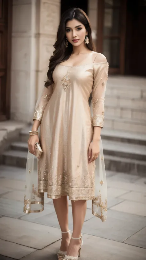 (full body shot), (inspired by Amy Jackson), A beautiful Indian women wearing a knee length frock, (knee length frock, laces in frock, net sleeve of frock), perky breasts, deep neck, Indian outfits, beautiful frock, gorgeous looking, ultra detailed face, r...