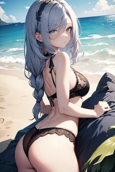 ShenheV4, (Shenhe lying on stomach), on beach, solo, black lingerie, from behind, looking back, (mature woman:1.2), ((detailed face)), blue eyes, (detailed eyes), symmetric eyes, facial details, (long hair, grey hair, braid), atheletic back, voluptuous bod...