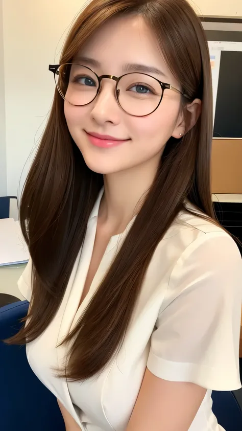 realistic, 1 girl, shining eyes, smile、brown hair、Ultra high definition、Round frame glasses、office、suit、officeチェア、Laptop、white dress shirt