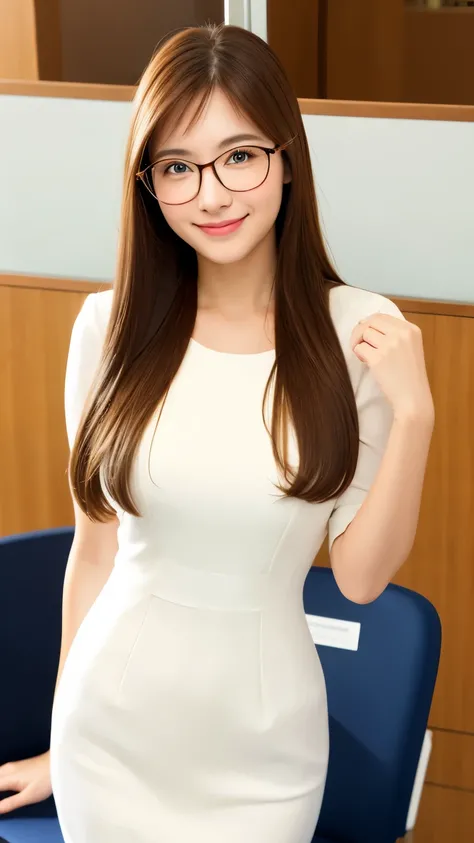 realistic, 1 girl, shining eyes, smile、brown hair、Ultra high definition、Round frame glasses、office、suit、officeチェア、Laptop、white dress shirt