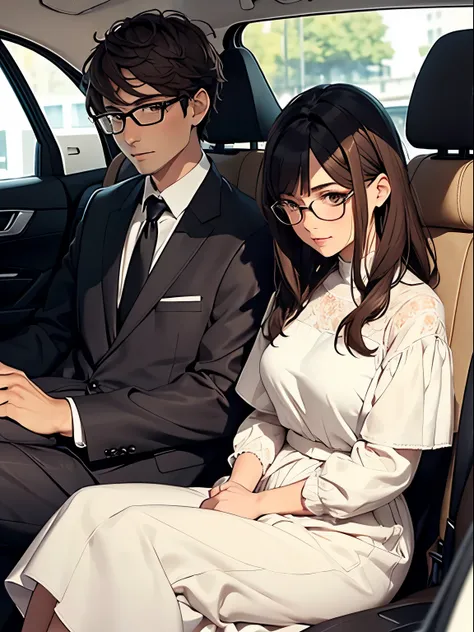 A couple in love, a short girl with brown long hair and brown eyes , in a white dress with a beige cordigan at the top and glasses. And a tall guy with dark short hair and brown eyes in a dark suit is holding a white bag in his hands, sitting in a car and ...