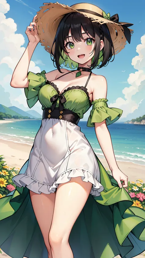 ((Split-color hair, black hair, green hair)), green eyes,white dress,short hair, high quality, masterpiece, best quality,open mouth, medium breasts, sunhat ,smile, outdoors, small breasts 