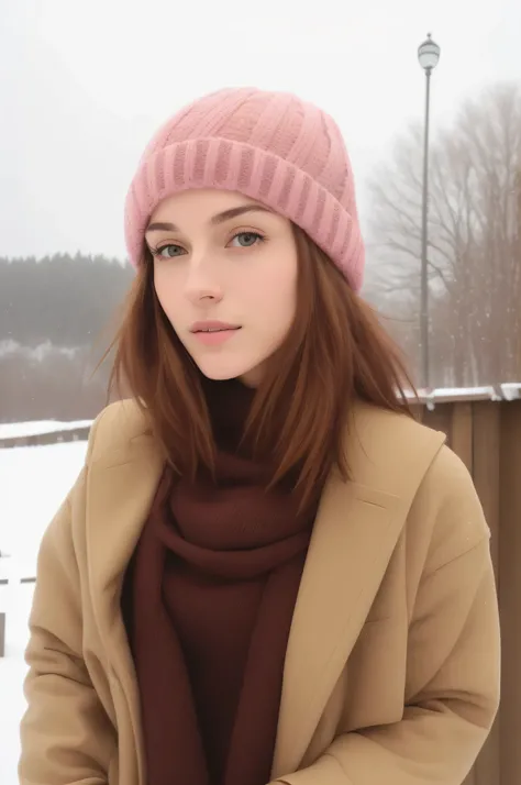 arafed woman with brown hair wearing a hat and jacket, with brown hair, cute girl with brown hair, pink hair, anna nikonova aka newmilky, wearing beanie, wearing a beanie, brown hair, in pastel colors, snowy day, hazelnut eyes, green eye color, brown beani...