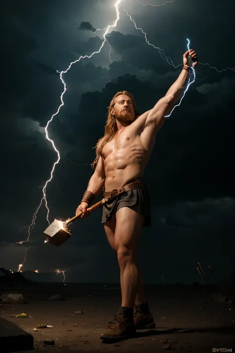 imagine create a realistic image of the god Thor throwing lightning bolts with his hammer at Frankstean