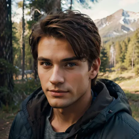 handsome man, jawline, portrait, brown hair, blue eyes, camping, in the woods, mountains in background