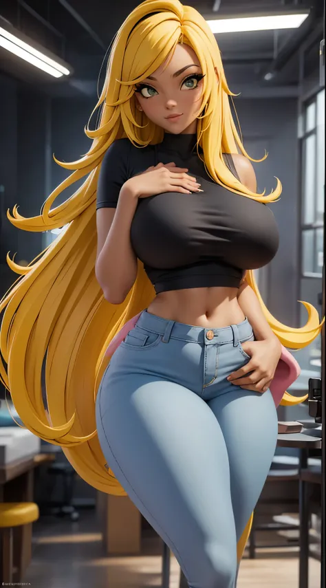 (brazilian ebony girl,sneakers,long yellow hair,thin,gray blouse,super tight pink jeans,big tits,nsfw,most beautiful woman in the world),(photorealistic:1.37,highres,ultra-detailed),(vivid colors,studio lighting),(portrait)