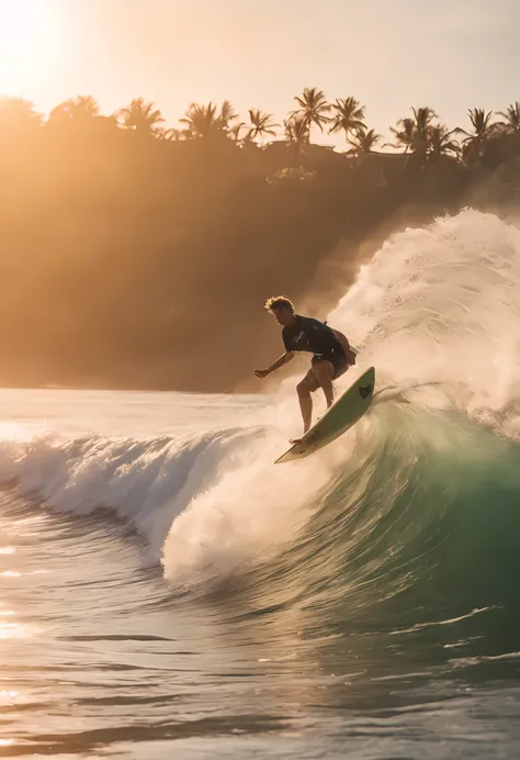 Craft a video of a sun-kissed, blonde long-haired surfer tackling a pristine wave in Balis golden hour: utilize RED Komodo 6K at 60 FPS, wide 24mm lens. Begin with a sweeping drone shot capturing the vibrant, palm-fringed shoreline, transition to a close-u...