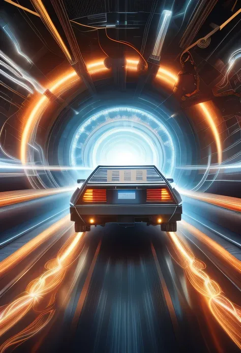 masterpiece, best quality, 4K, 8K, high res, ultra detailed background, delicate pattern, complex detailed background, studio lighting, fantastic, intricate, absurdres, Back to the Future, car, time tunnel,