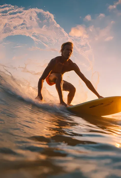 Craft a video of a sun-kissed, blonde long-haired surfer tackling a pristine wave in Balis golden hour: utilize RED Komodo 6K at 60 FPS, wide 24mm lens. Begin with a sweeping drone shot capturing the vibrant, palm-fringed shoreline, transition to a close-u...