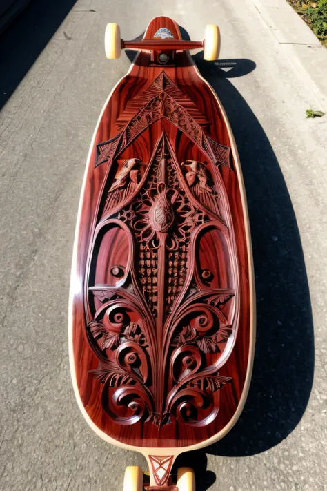 Mahogany skateboard with gothic carvings 