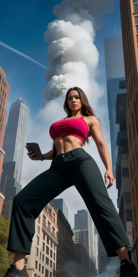 "A towering Giantess in a cool and laid-back hippie style is rocking a crop top and baggy pants. Her toned and athletic build hints at her massive strength. She seems to be casually strolling through the bustling cityscape of GTS City, as towering building...