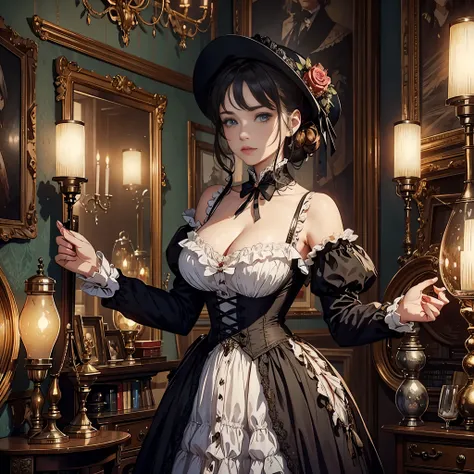 beautiful lady wearing a tattered Victorian party dress, surrounded by antiques, gaslights, masterpiece, best quality, 8k