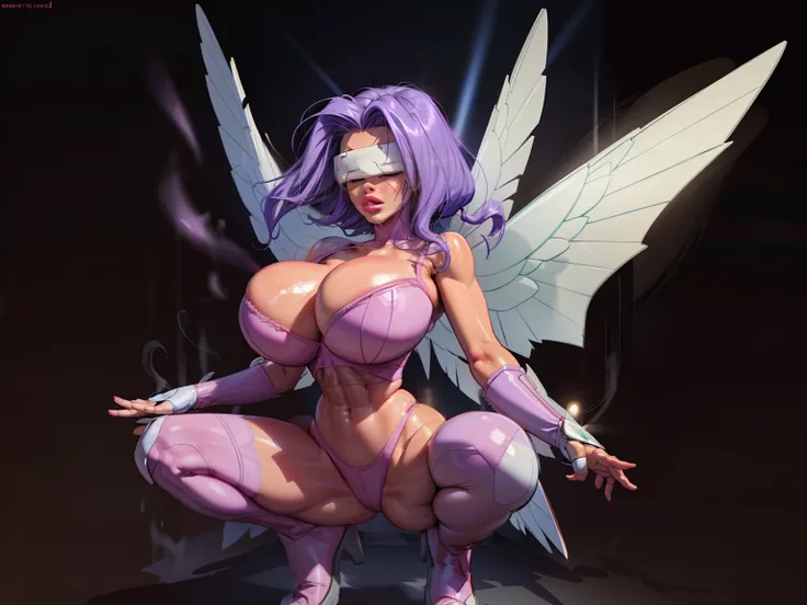 view from behind, (perfect ass), Generate an illustration of a mature kazemon, ((digimon)),  light lavender hair , (mintgreen fairy wings), (brown skin), de terno preto, (lavender lingerie:1.3), (lavender visor over eyes), medium hair, (eyes covered), hair...