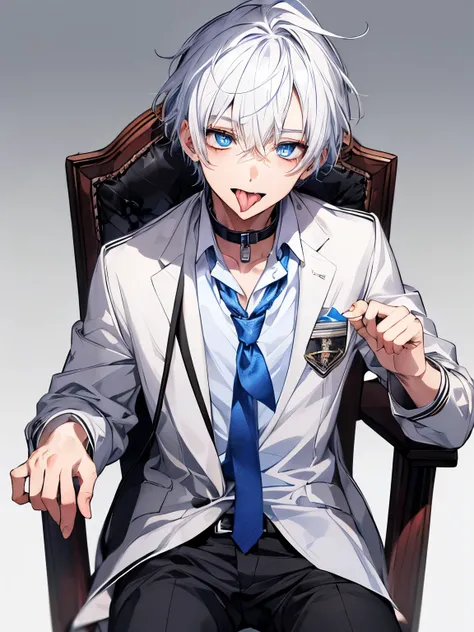 young male teenager, blue eyes, white hair, sticking tongue out, dog collar, academy uniform, tied on a chair