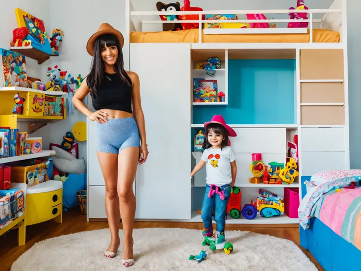 1woman, adult, 35 years old, wearing kids underwear with cartoon characters, cowboy shot, standing in a kidsroom with many toys, girly