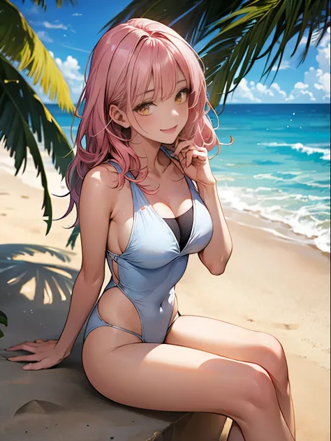 (pink-haired,beautiful,realistic) girl with (yellow) eyes, a (20-year-old) woman, (cute,sexy) swimsuit, (vividly colored) on a beach, (sandy,smooth) beach, clear (turquoise) water, (gentle,warm) breeze, (golden) sunlight reflecting on the waves, (playful) ...