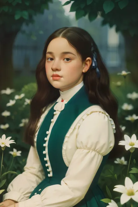 London, 1895. A ((((15-year-old)) Pippa)), in the gardens of a boarding school for ladies. ((((white from the 19th century)))), ((black ringlets hairstyle from the 19th century))