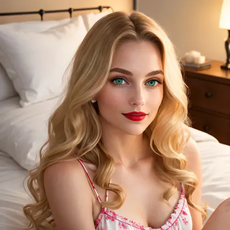 A young and beautiful woman, coiffed blonde hair gently cascading down to her shoulders in luscious waves, Medium Tall stature, Big green eyes gleaming with warmth and liveliness, fair complexion, she was nestled in her pajamas, cocooned in the comfort of ...