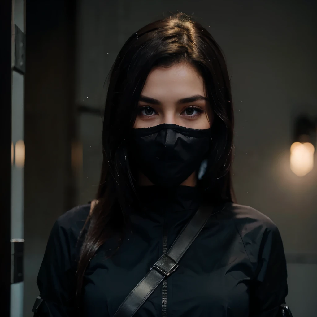 A beautiful dark hair girl wearing a dark ninja attire 