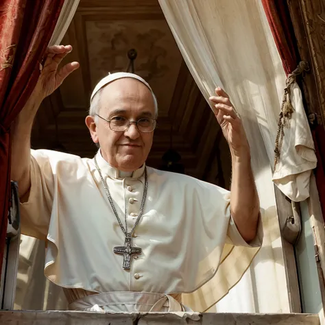 popefra, pope francis waving from a window with a red curtain, glasses on