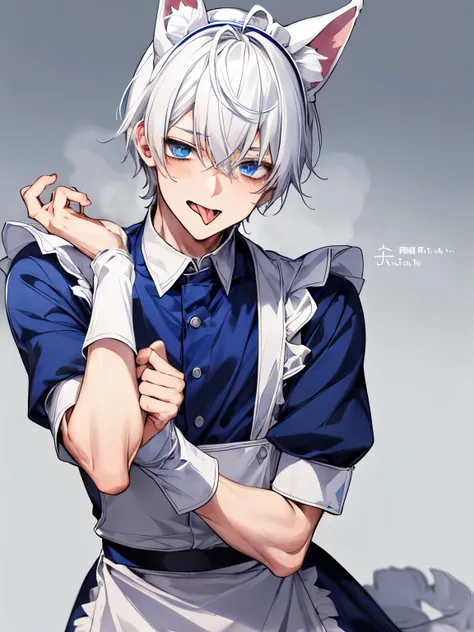 young male teenager, white hair, blue eyes, maid outfit, dog ears, sticking tongue out, embarassed