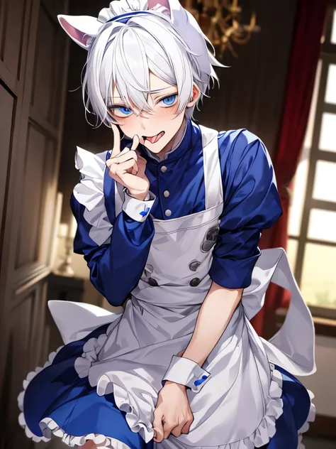 young male teenager, white hair, blue eyes, maid outfit, dog ears, sticking tongue out, embarassed