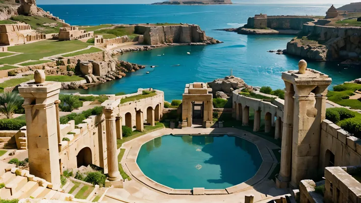 Dreamworld of Atlantis, greco-roman and ancient egyptian influence, hilltop view,  many people in background, various Phoenician gauloi in harbor