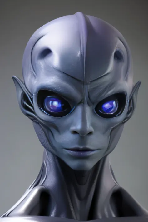 a headshot of an alien; light grey-blue skin, violet eyes, no ears, very detailed, humanoid alien, realistic, full head