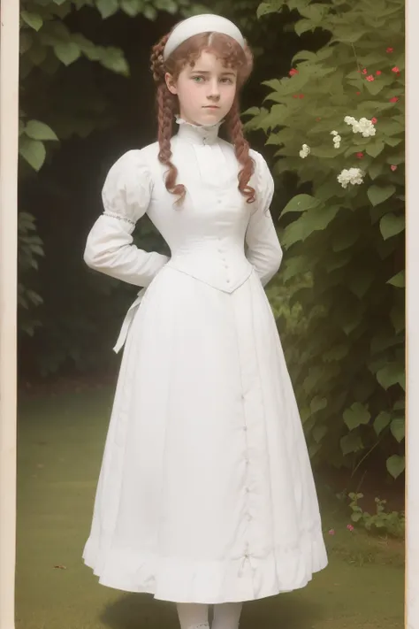 London, 1895. A ((((15-year-old)) Gemma Doyle)), in the gardens of a boarding school for ladies. ((((white from the 19th century)))), ((wild curly red hairstyle from the 1890s))