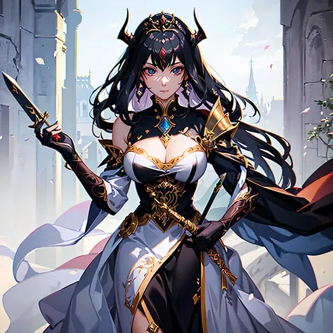 a close up of a woman in a dress holding a sword, beautiful elegant demon queen, by Yang J, black - haired mage, a beautiful fantasy empress, extremely detailed artgerm, beautiful succubus, cushart krenz key art feminine, a beautiful sorceress, ((a beautif...