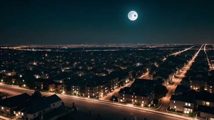 23:16:38 Expires in 13 days.

Its a clear moonlit night. The moon is shining brightly. The sky is completely black. A birds eye view of a completely deserted city. The city is illuminated by the blue light of the big moon and street lamps standing somewher...