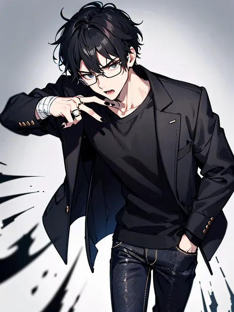 1 guy, black jeans, black sweater, black coat, rings on fingers, black nails, glasses for vision, covered in bandages, black hair, sporty, Hand in pocket, anger, portrait, cinematic lighting, Blur background, Best quality, 